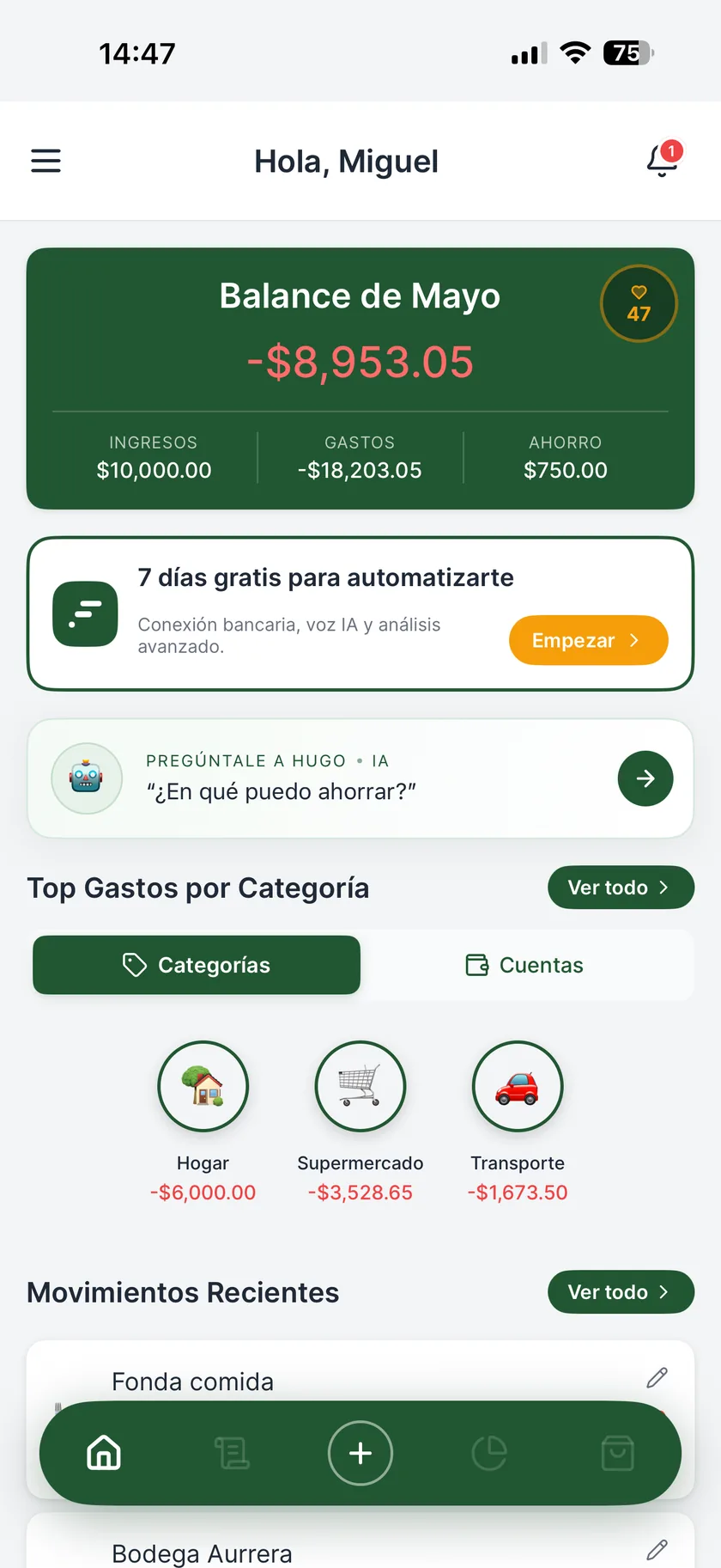 Pantalla principal de Finno con el balance del mes y gastos por categoría